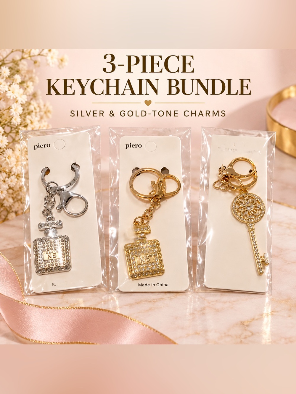 3-Piece Silver & Gold-Tone Fashion Keychain Bundle – New in Packaging